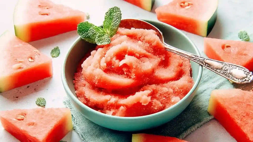 5-Minute Watermelon Sorbet 1 Bowl of homemade watermelon sorbet with mint and sliced watermelon