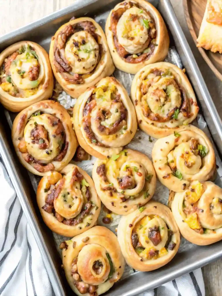 Breakfast Rolls Recipe 2 Golden breakfast rolls with sausage, eggs, and cheese in a baking tray
