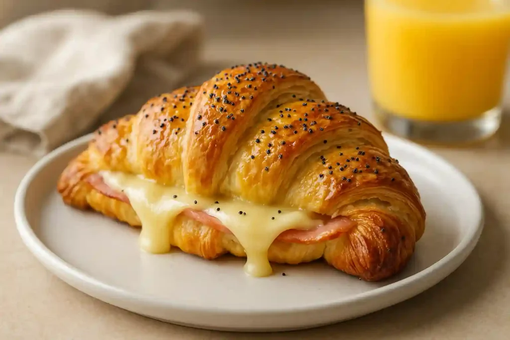 Baked Ham and Cheese Croissants Recipe 1 Baked ham and cheese croissants with melted Swiss and honey mustard glaze on a plate