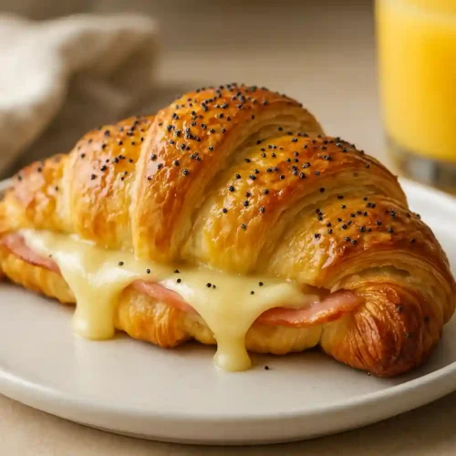 Baked Ham and Cheese Croissants Recipe 6 Baked ham and cheese croissants with melted Swiss and honey mustard glaze on a plate