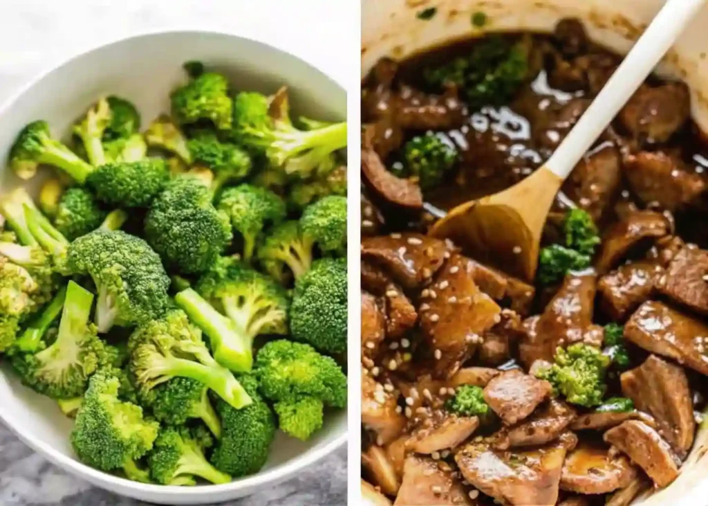 The Best Takeout-Style Chinese Beef and Broccoli Stir Fry 2 Raw broccoli and finished Chinese beef and broccoli dish side by side