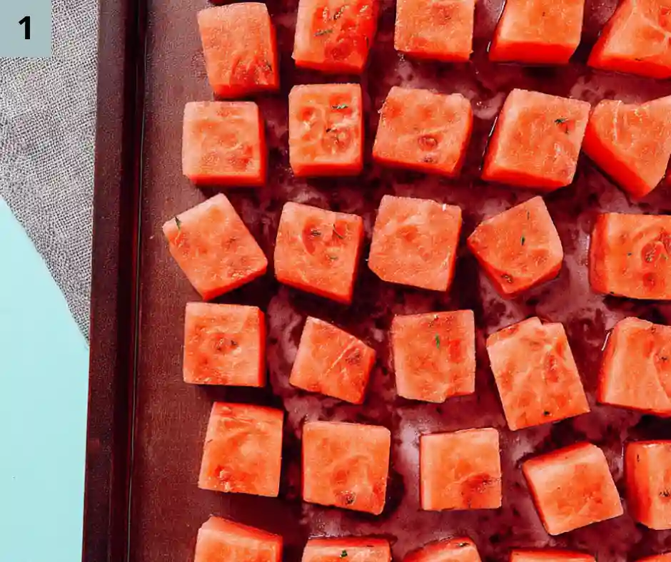 5-Minute Watermelon Sorbet 2 Tray of frozen watermelon cubes prepared for making watermelon sorbet