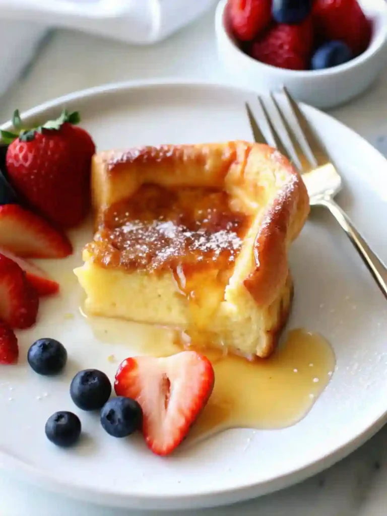 Fluffy German Pancakes Recipe 4 German Pancakes topped with syrup, strawberries, and blueberries on a white plate