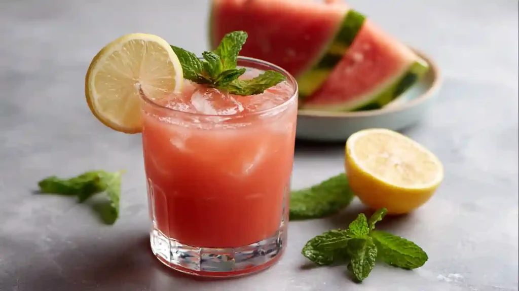 Fresh Watermelon Lemonade: The Perfect 5-Ingredient Summer Refresher 1 A chilled glass of watermelon lemonade garnished with a lemon slice and mint, with watermelon and lemons in the background.