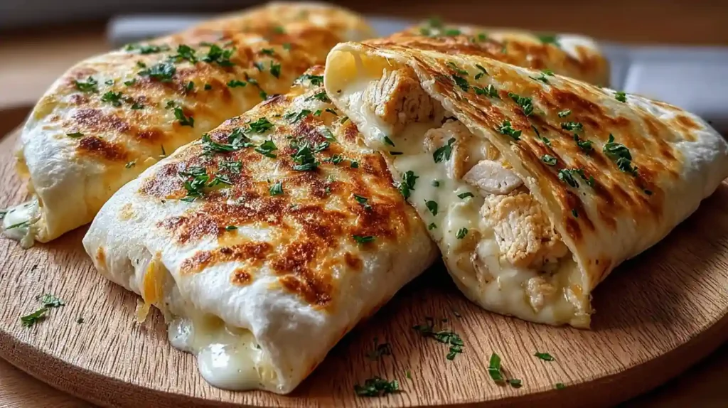 Easy Cheesy Garlic Chicken Wraps Recipe Quick 15-Minute Meal 1 Close-up of cheesy garlic chicken wraps with golden crust and melted cheese on a wooden board