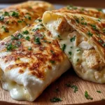 Close-up of cheesy garlic chicken wraps with golden crust and melted cheese on a wooden board