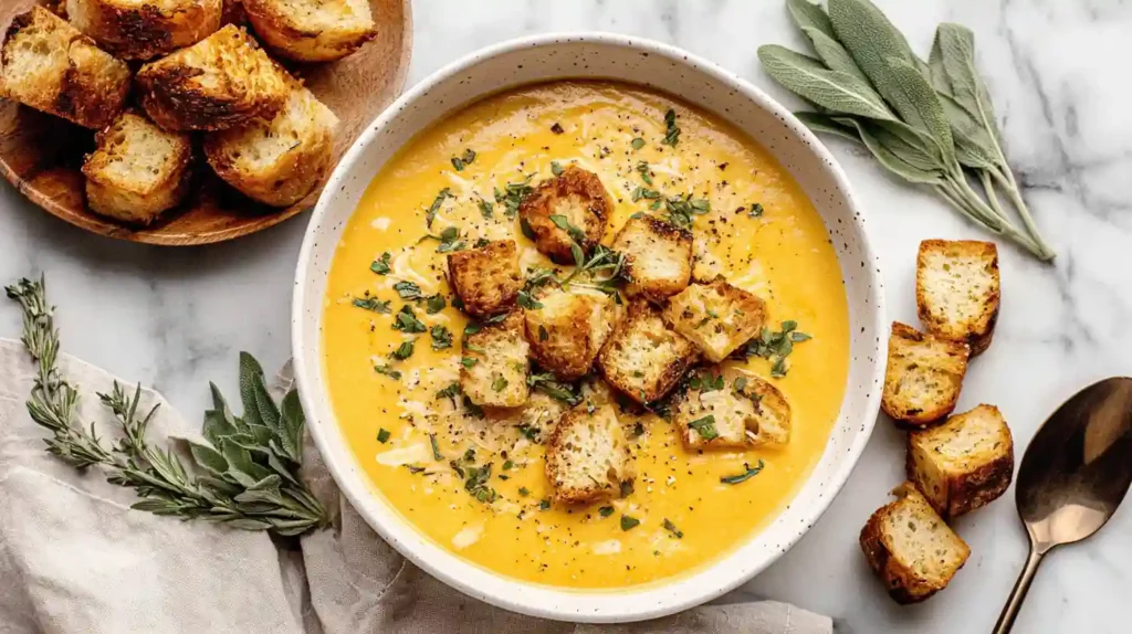 A bowl of roasted butternut squash soup topped with golden croutons and herbs on a marble surface