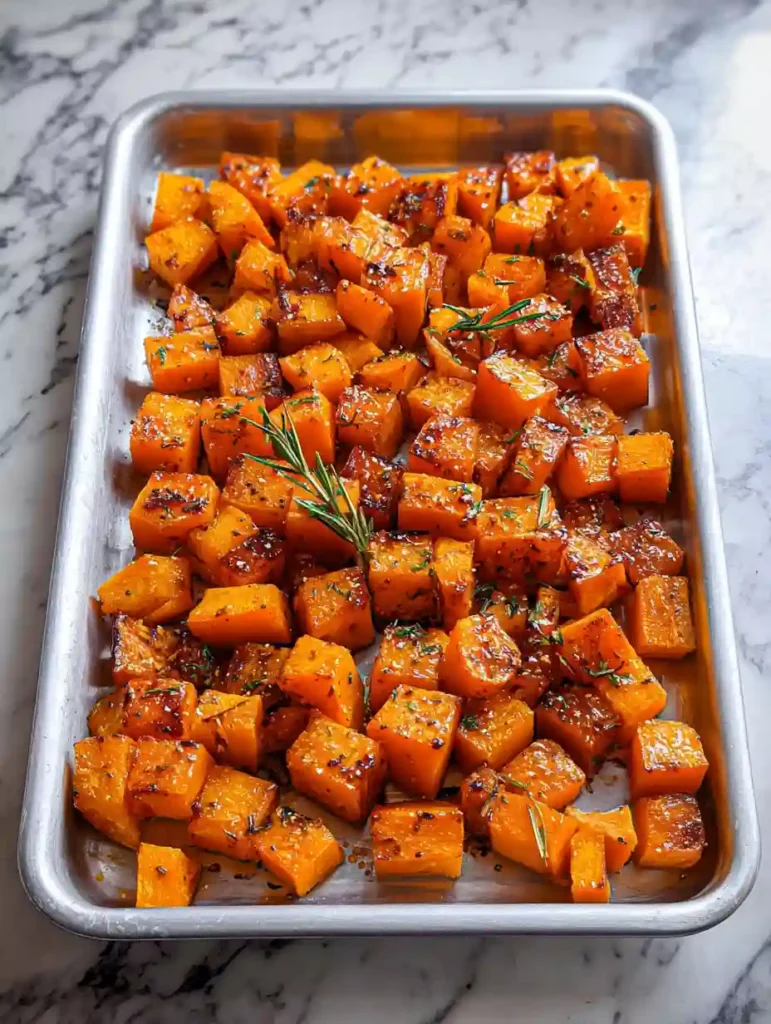 Roasted Butternut Squash: A Simple and Healthy Side Dish Everyone Can Enjoy 2 Roasted butternut squash cubes with rosemary on baking tray