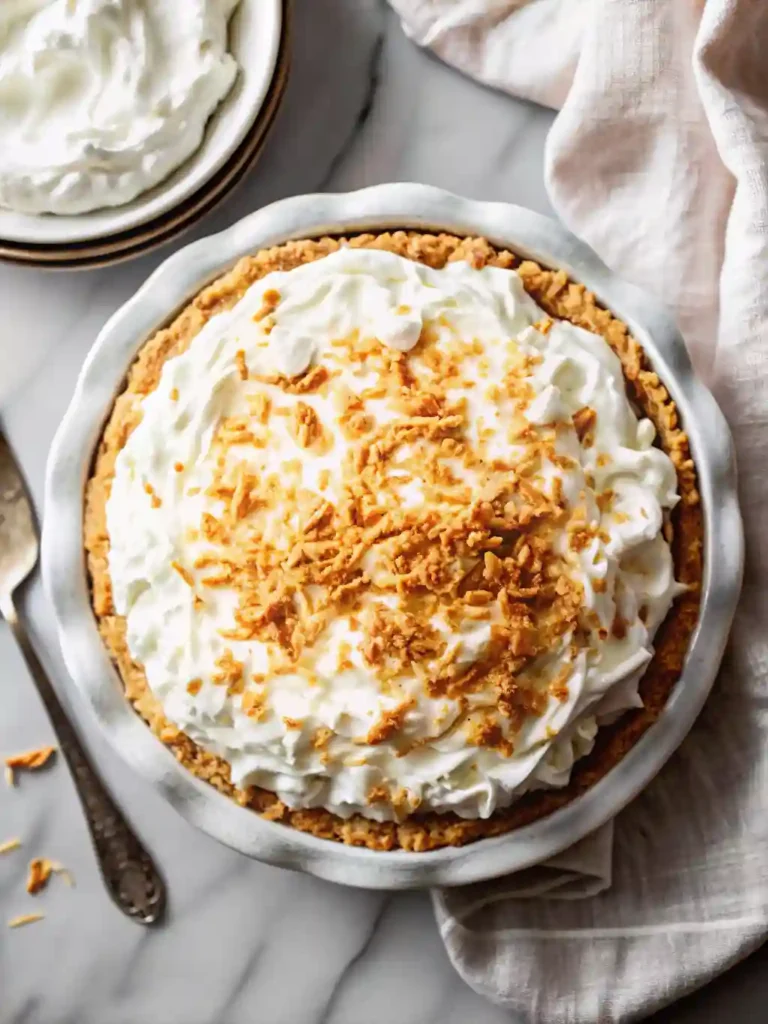🥥 Old-Fashioned Coconut Cream Pie 2 Top view of a coconut cream pie with toasted coconut flakes and whipped cream in a ceramic pie dish