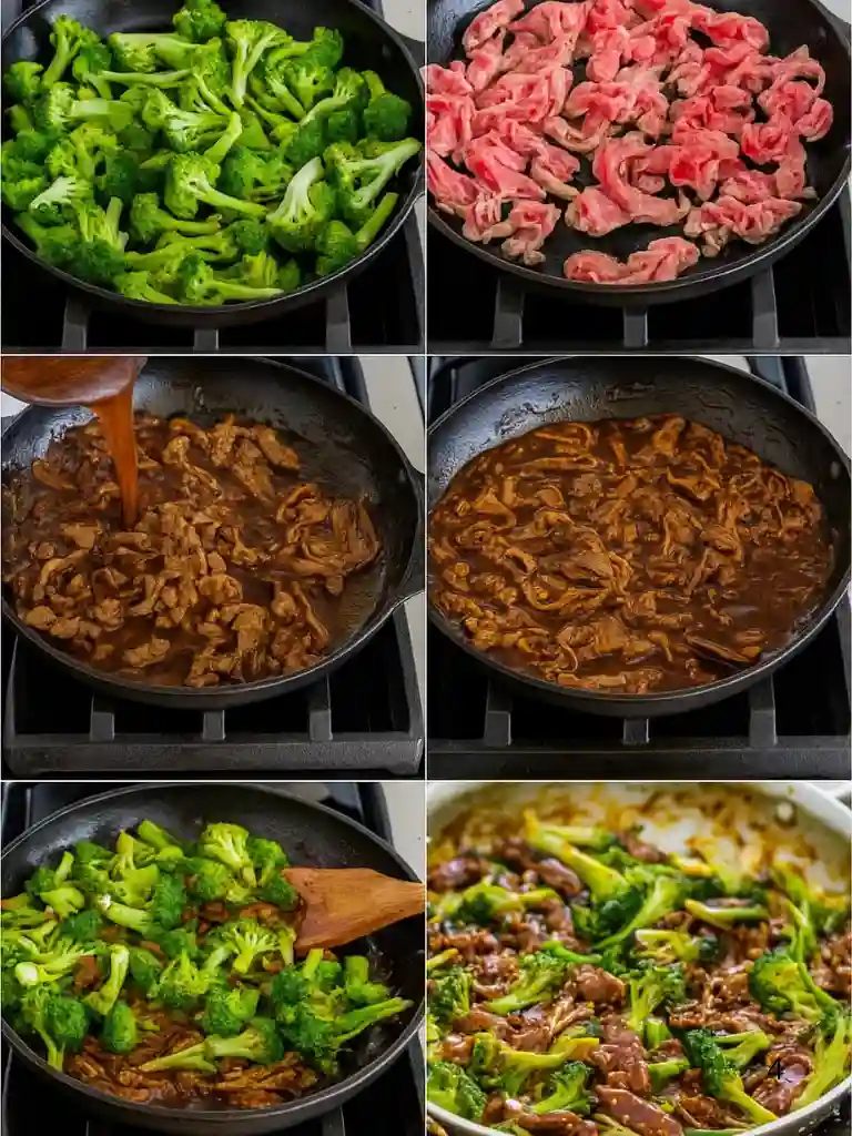 The Best Beef and Broccoli Recipe in One Pan 4 Step-by-step process of cooking beef and broccoli stir-fry in a skillet
