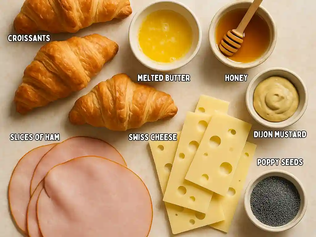 Baked Ham and Cheese Croissants Recipe 2 Ingredients for baked ham and cheese croissants including croissants, ham, cheese, mustard, and glaze