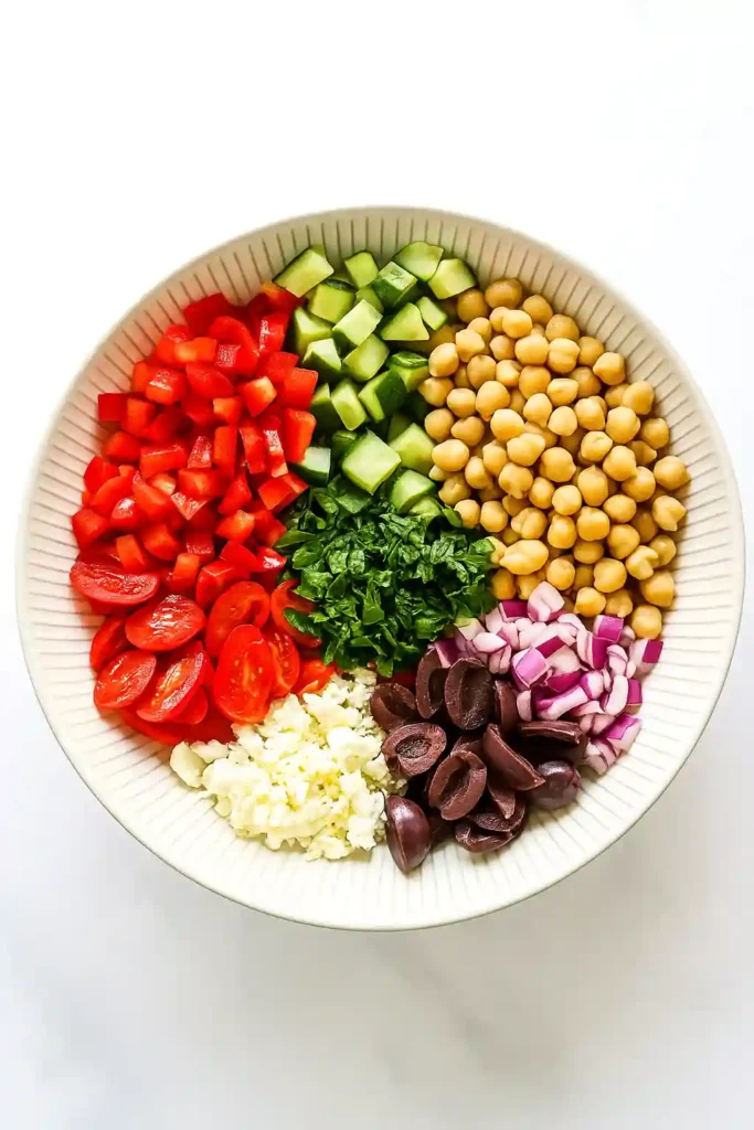 Easy Mediterranean Chickpea Salad Recipe Fresh and Quick 2 Unmixed Mediterranean chickpea salad ingredients in a bowl including chickpeas, cucumbers, olives, and tomatoes
