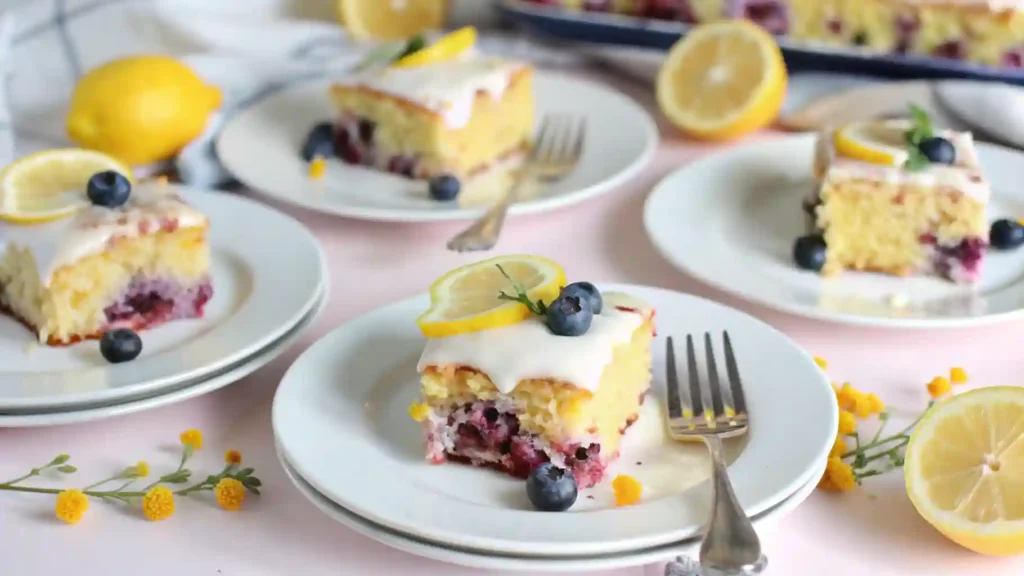 Lemon Blueberry Sheet Cake Recipe 1 A slice of lemon blueberry sheet cake topped with lemon glaze, a lemon slice, and fresh blueberries