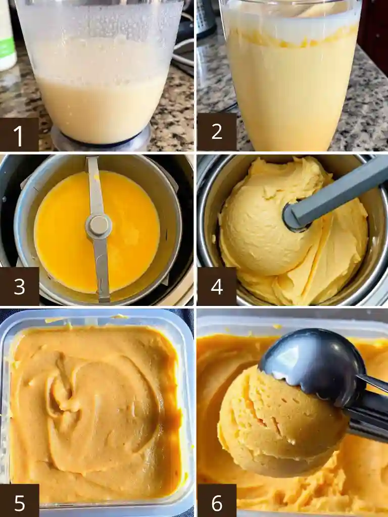 Homemade Mango Ice Cream (No-Cook, No-Egg) 2 Six-step collage showing the process of making mango ice cream from blending to scooping
