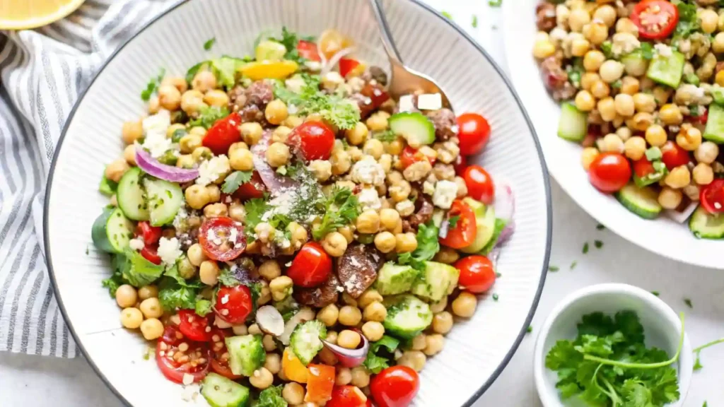 Close-up of Mediterranean chickpea salad with cucumbers, tomatoes, olives, and parsley