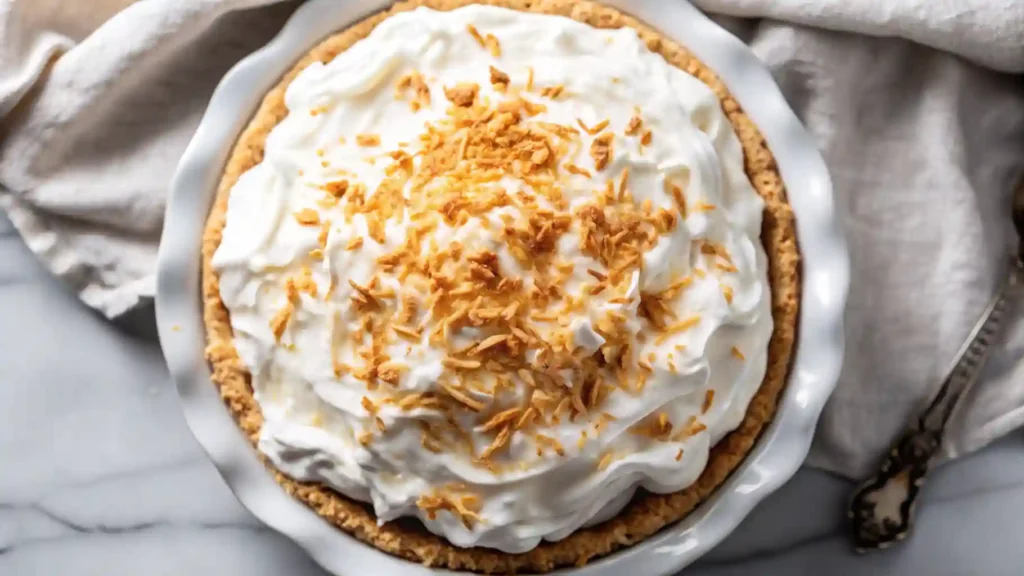 🥥 Old-Fashioned Coconut Cream Pie 1 Creamy coconut cream pie with whipped topping and toasted coconut flakes in a white pie dish