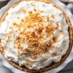 Creamy coconut cream pie with whipped topping and toasted coconut flakes in a white pie dish