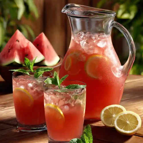 Fresh Watermelon Lemonade: The Perfect 5-Ingredient Summer Refresher 7 A pitcher and two glasses of fresh watermelon lemonade with lemon slices and mint, set outdoors on a wooden table.