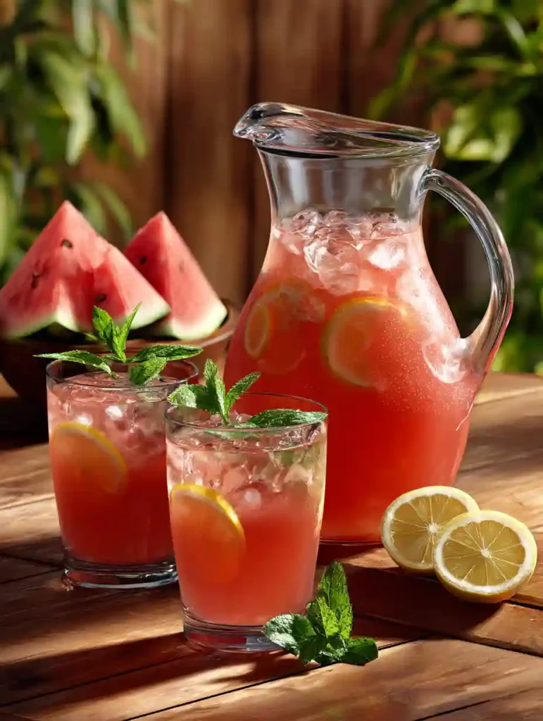 Fresh Watermelon Lemonade: The Perfect 5-Ingredient Summer Refresher 5 A pitcher and two glasses of fresh watermelon lemonade with lemon slices and mint, set outdoors on a wooden table.