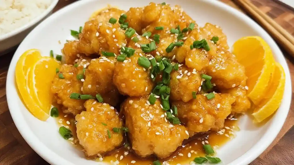 Easy Gluten-Free Orange Chicken (Better Than Takeout!) 1 Gluten-free orange chicken topped with sesame seeds and green onions served with orange slices on a white plate