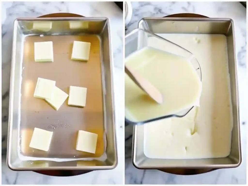 Fluffy German Pancakes Recipe 2 Butter melting in a pan and German Pancakes batter being poured in before baking