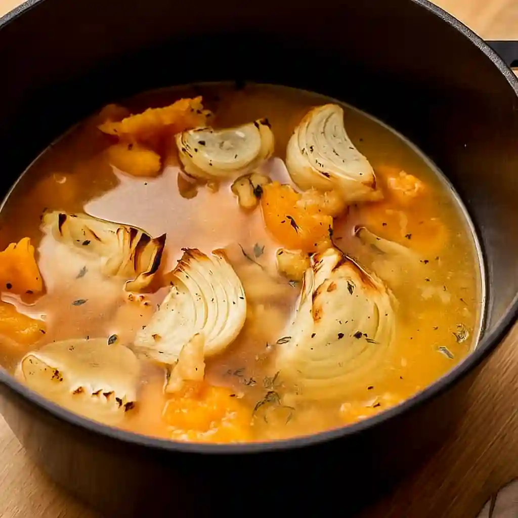 Roasted Butternut Squash Soup Recipe 4 Roasted butternut squash soup in progress with onions and squash simmering in broth inside a black pot