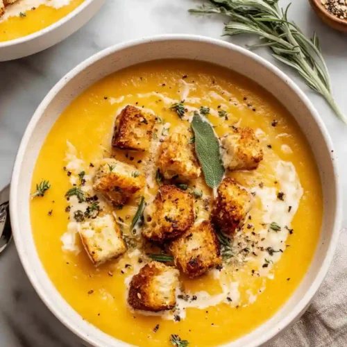 Roasted Butternut Squash Soup Recipe 8 Roasted butternut squash soup in a bowl topped with croutons, sage, and black pepper on a marble table