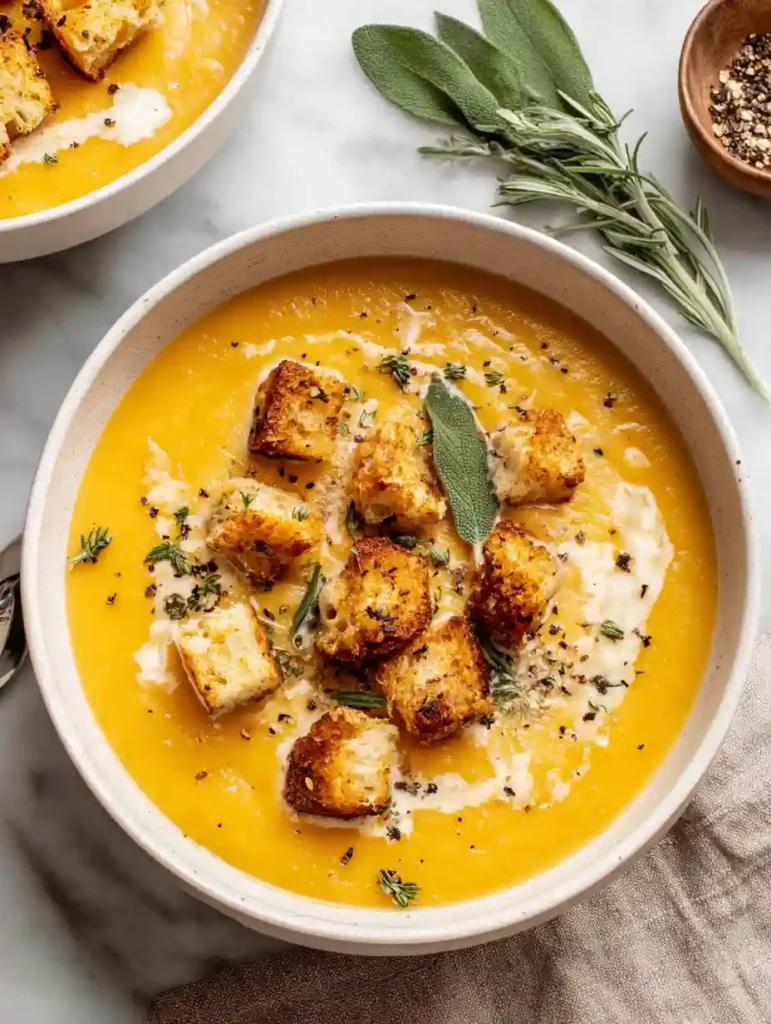 Roasted Butternut Squash Soup Recipe 7 Roasted butternut squash soup in a bowl topped with croutons, sage, and black pepper on a marble table