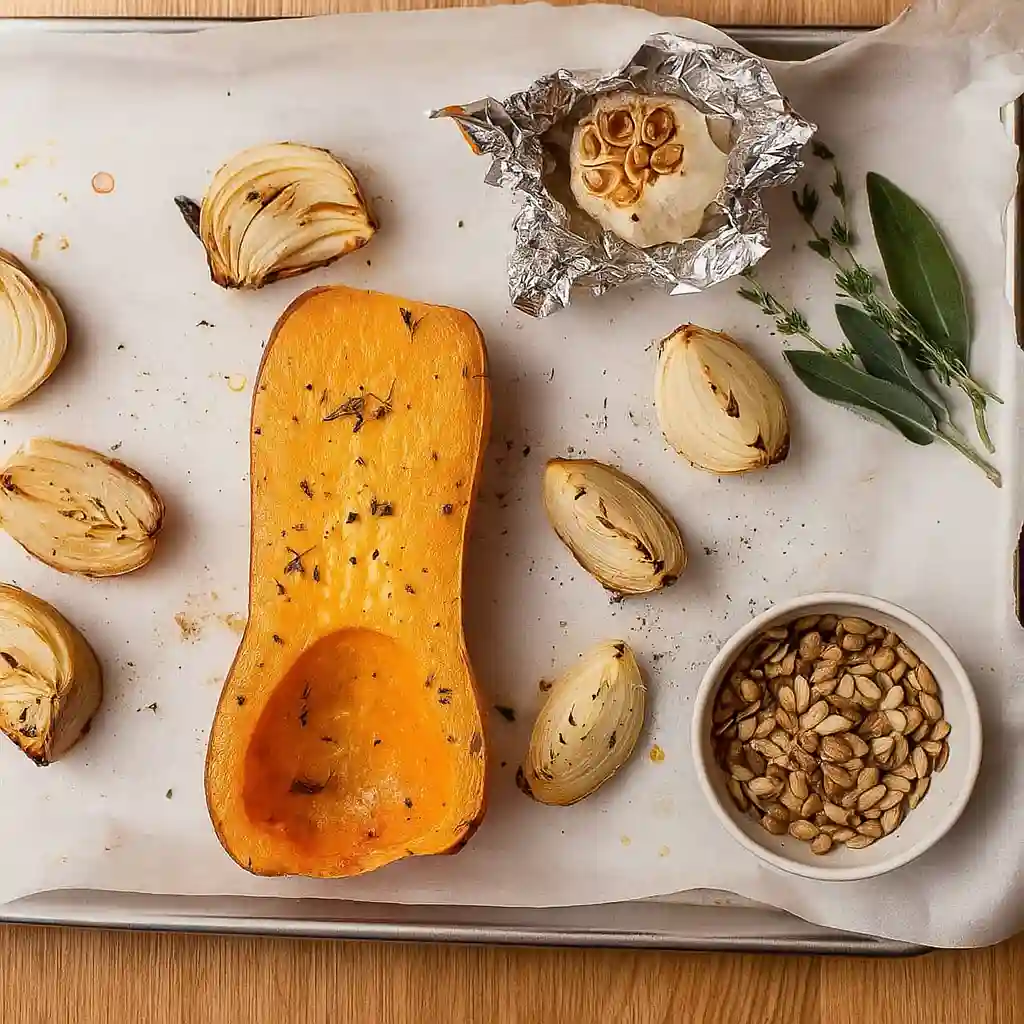 Roasted Butternut Squash Soup Recipe 2 Roasted butternut squash soup ingredients on a baking sheet including garlic, onions, herbs, and squash seeds