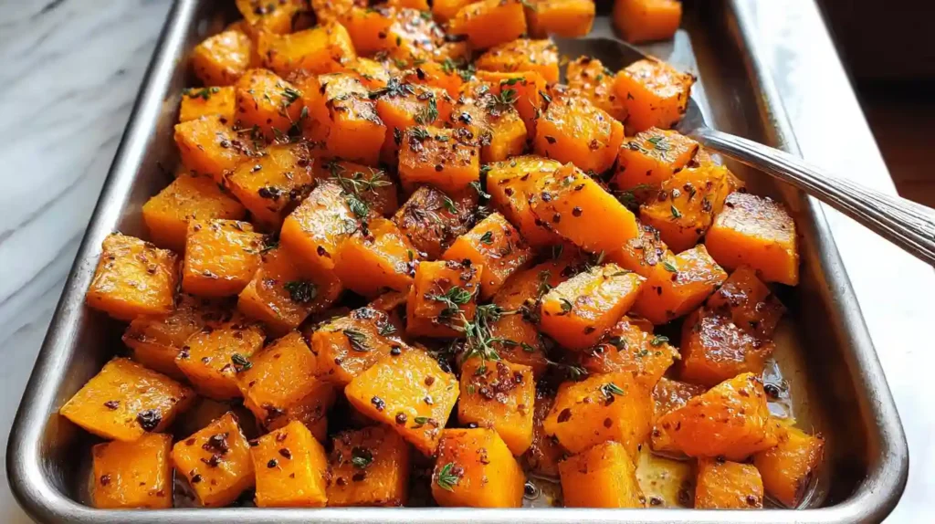 Roasted Butternut Squash: A Simple and Healthy Side Dish Everyone Can Enjoy 1 Roasted butternut squash cubes with herbs on a baking tray