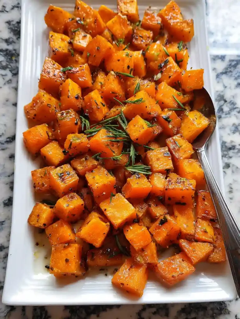 Roasted Butternut Squash: A Simple and Healthy Side Dish Everyone Can Enjoy 5 Roasted butternut squash with rosemary on a white plate