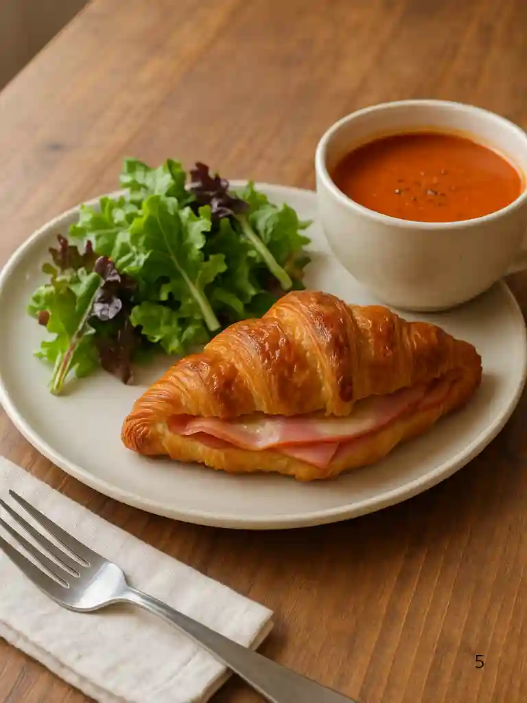 Baked Ham and Cheese Croissants Recipe 4 Baked ham and cheese croissants served with salad and soup on a plate