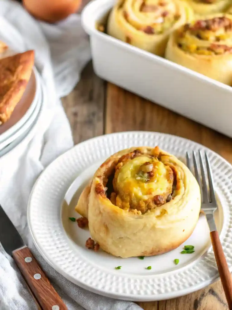 Breakfast Rolls Recipe 4 Close-up of a breakfast roll on a white plate with melted cheese and sausage