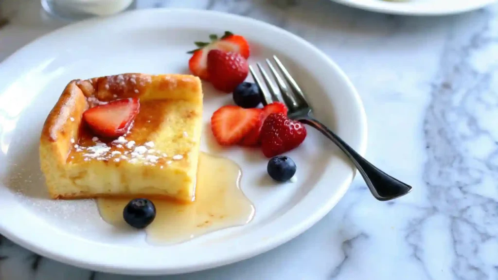 Fluffy German Pancakes Recipe 1 German Pancakes slice served with syrup, blueberries, and strawberries on a plate