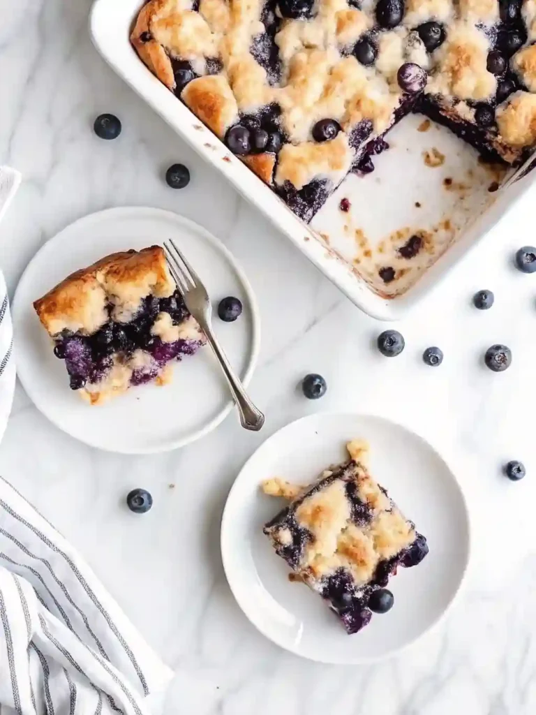 Blueberry French Toast Casserole 3 Blueberry French Toast Casserole slices served on white plates with fresh blueberries