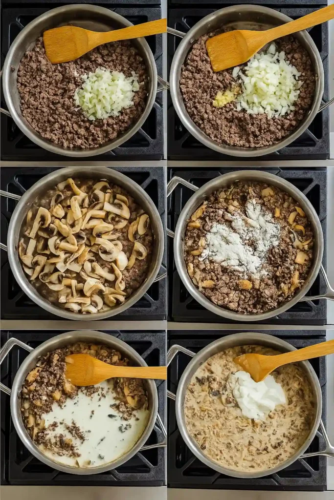 Ground Beef Stroganoff Recipe 3 Step-by-step images showing how to make ground beef stroganoff in a stainless steel pan