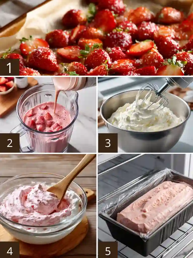 The Best Homemade Strawberry Ice Cream (Easy No-Churn Method) 2 Five-step visual guide showing roasted strawberries, blending, whipping cream, folding mixture, and freezing in a loaf pan