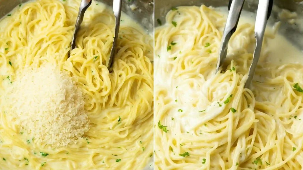 One-Pot Garlic Parmesan Pasta Recipe 5 stirring parmesan into creamy garlic parmesan pasta with tongs