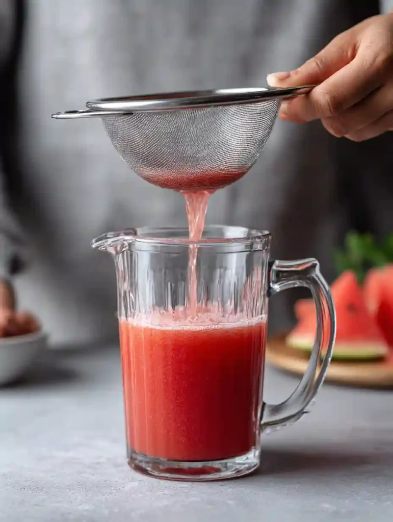 Fresh Watermelon Lemonade: The Perfect 5-Ingredient Summer Refresher 4 A hand holding a metal strainer while fresh watermelon juice is poured into a clear glass pitcher.