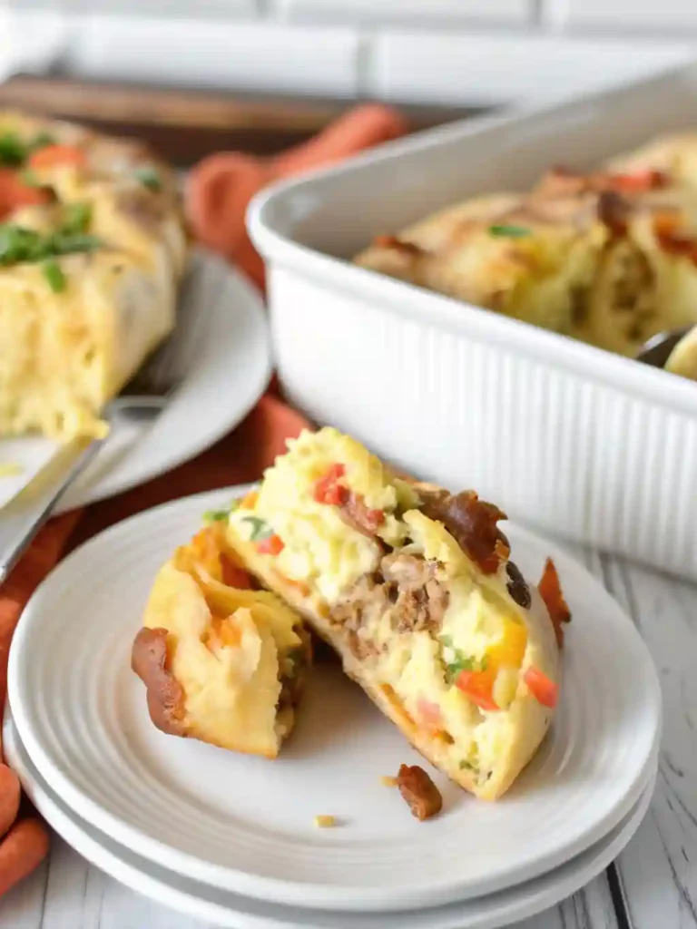 Breakfast Rolls Recipe 5 Sliced breakfast roll showing sausage, eggs, peppers, and cheese filling