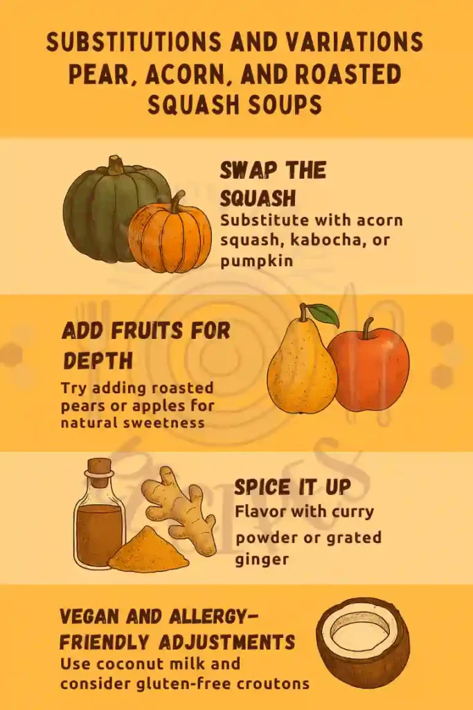Roasted Butternut Squash Soup Recipe 6 Infographic showing ingredient swaps and variations for roasted butternut squash soup including squash, fruits, spices, and vegan options
