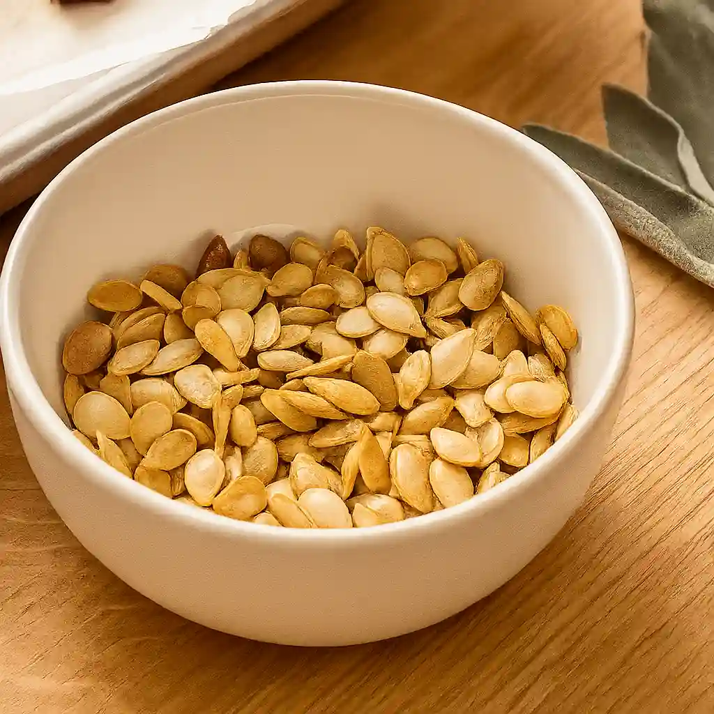 Roasted Butternut Squash Soup Recipe 3 Roasted butternut squash soup garnish with toasted squash seeds served in a white ceramic bowl