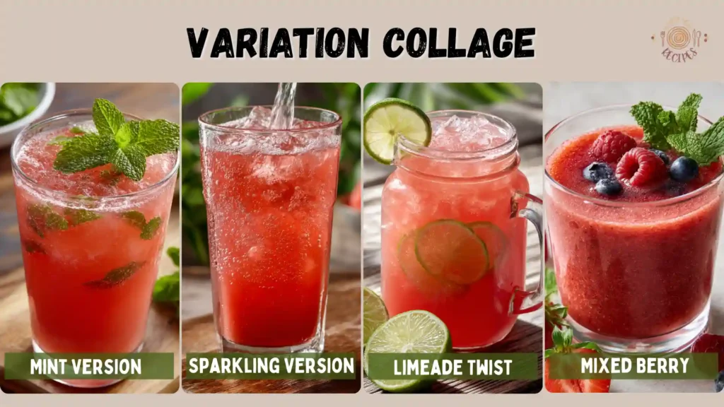 Fresh Watermelon Lemonade: The Perfect 5-Ingredient Summer Refresher 6 A collage of four watermelon lemonade versions: mint, sparkling, limeade twist, and mixed berry, each in a different glass.