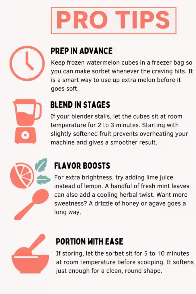 5-Minute Watermelon Sorbet 5 Infographic with pro tips for making watermelon sorbet, including prep, blending, flavor boosts, and portioning