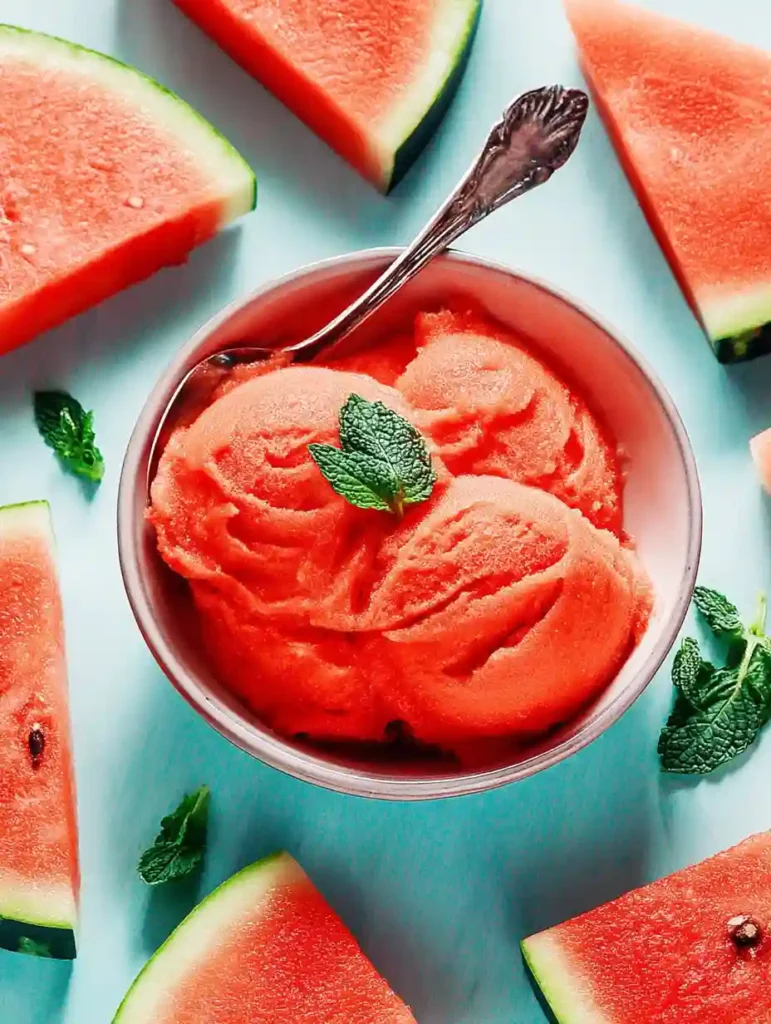 5-Minute Watermelon Sorbet 7 Bowl of watermelon sorbet with mint, surrounded by fresh watermelon slices