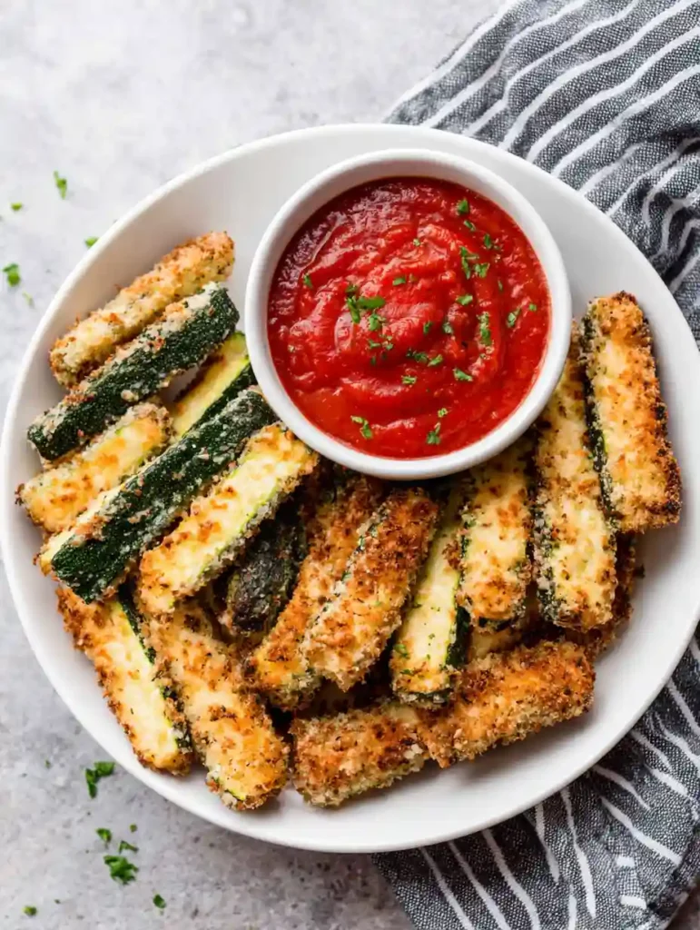 Air Fryer Zucchini Fries Recipe 5 Air Fryer Zucchini Fries arranged on a white plate with marinara dipping sauce