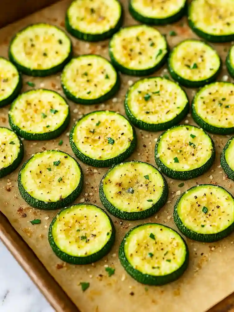 Crispy Baked Parmesan Zucchini Recipe 3 Seasoned baked parmesan zucchini rounds on parchment paper before crisping