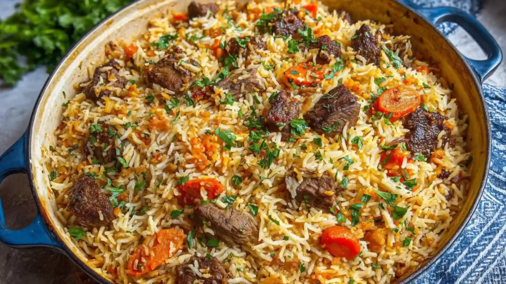 Authentic Beef Plov Recipe 1 Beef Plov in a Dutch oven with rice, carrots, and tender beef chunks
