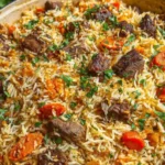 Beef Plov in a Dutch oven with rice, carrots, and tender beef chunks