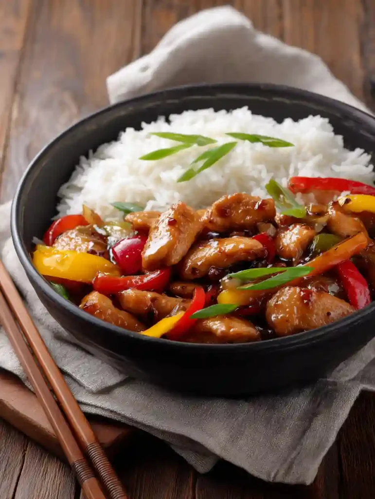 Black Pepper Chicken Recipe 3 Bowl of Black Pepper Chicken stir-fry with colorful peppers and white rice